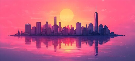 A stunning urban skyline at sunset, showcasing an array of skyscrapers reflected in tranquil waters, with vibrant pinks and purples illuminating the scene.