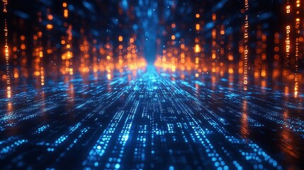 Abstract Digital Data Stream Visualization with Blue and Orange Lights.