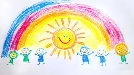 Obraz premium Colorful crayon drawing on white paper, depicting a happy sun, rainbow, and smiling stick figures. Parhelion. Illustration