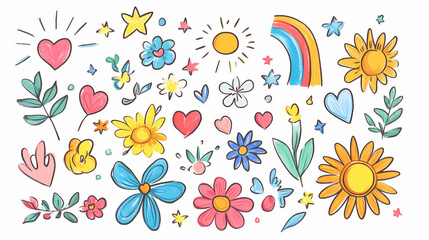 Colorful doodle collection with flowers, sun, rainbows, hearts, stars, and more. Parhelion. Illustration