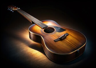 Stunning Long Exposure of an Acoustic Guitar in Soft Light Against a Dark Background, Highlighting the Intricate Details of the Instrument's Body and Strings