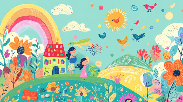 Colorful hand-drawn illustration of a happy family, home, and nature with vibrant elements like sun, rainbow, birds, flowers, and children. Parhelion. Illustration