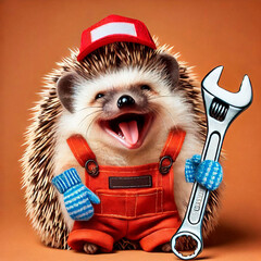 Hedgehog auto mechanic with wrenches on a brown background.