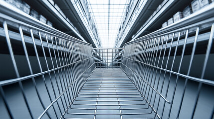 Fototapeta premium Shopping cart awaits in an empty supermarket aisle
