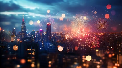 Fototapeta premium City rooftop new year celebrations Abstract Background With Defocused Bokeh Lights, panoramic skyline views and fireworks lighting up the night