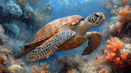 A vibrant sea turtle swimming through a colorful coral reef.