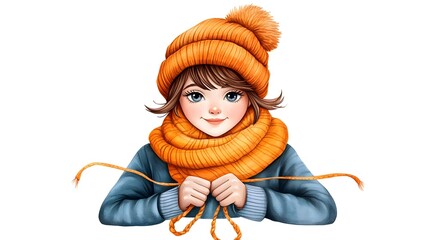 Cheerful Young Girl in Warm Orange Hat and Scarf, Smiling While Holding Bright Orange Yarn, Winter Apparel, Winter Activities, Cozy Scene, Portrait in Vibrant Colors