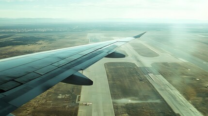 Airplane Wing Over Airport Runway And Landscape