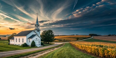 Fototapeta premium Idyllic Rural Church at Sunset Amid Golden Wheat Fields and Hills V1