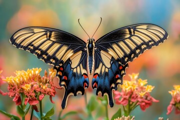 Close-up of a Giant Swallowtail Butterfly on flowers pollinating 