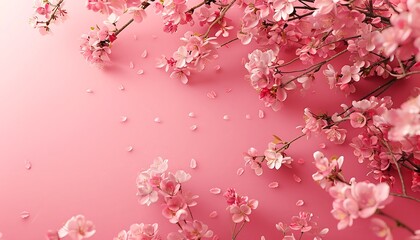 Fototapeta premium Beautiful blooming sakura branches on color background, top view