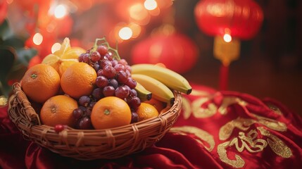 Naklejka premium Colorful Fruit Arrangement Basket for Festive Celebration