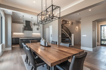 Dining room with a modern wooden table and elegant lighting fixtures