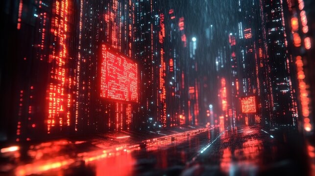 Cyberpunk Cityscape Rainy Night in a Futuristic Digital Metropolis with Red Neon Lights and Data Streams - 3D Render