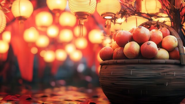 Fresh oranges in basket during vibrant lantern festival celebration