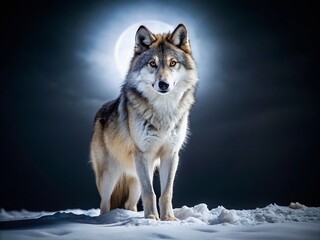 Obraz premium Stunning Night Photography of a Majestic Wolf Isolated on a White Background, Capturing the Mystique and Beauty of this Elusive Creature in the Moonlight