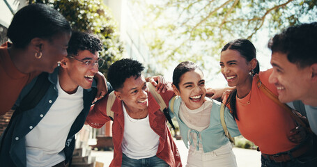 University student, friends and happy with huddle together for education support, exam synergy and laughing. Study group, diversity people and fun in circle on campus for college scholarship outdoor