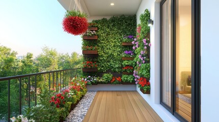 Lush green vertical garden on a modern balcony with wooden flooring and blooming flowers.