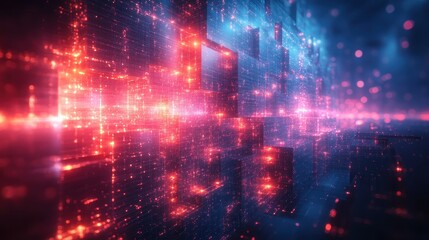 Futuristic Data Grid Abstract Digital Network with Glowing Nodes and Red and Blue Tones.