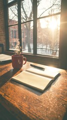 A cozy workspace with a steaming cup and an open notebook by the window.