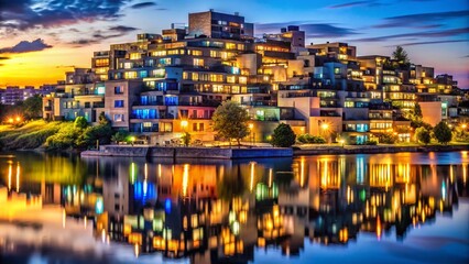 Obraz premium Stunning Night Photography of Habitat 67 Housing Complex Showcasing Unique Architecture and Urban Landscape Illuminated by City Lights in Montreal