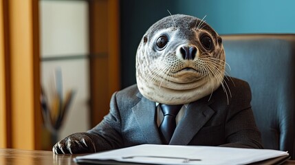 seal. in a business suit. at the work desk in the office. on an isolated multi-colored bright background