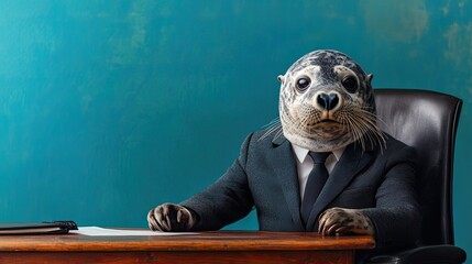 seal. in a business suit. at the work desk in the office. on an isolated multi-colored bright background