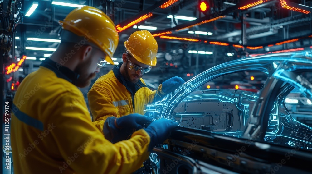 Poster two engineers in hard hats inspecting the car assembly line, illuminated by futuristic neon lights
