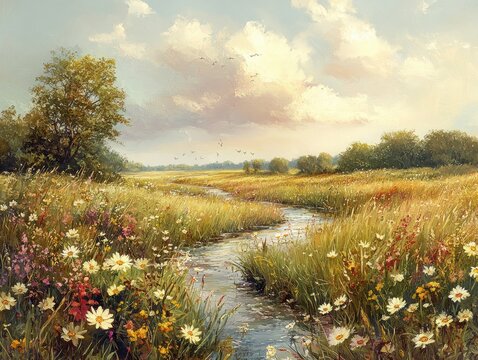 Serene Meadow Stream Oil Painting Landscape with Wildflowers and Birds.