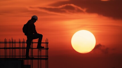 Obraz premium Silhouette of a construction worker standing on a scaffold against a bright orange sunset