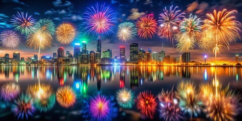 Stunning Panoramic Fireworks Display Celebrating the New Year 2025 Over a City Skyline with Colorful Explosions Illuminating the Night Sky and Reflections on Water Below