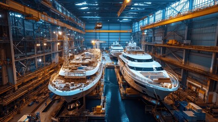 Obraz premium Large yachts under construction in a brightly lit shipyard with vibrant blue highlights,