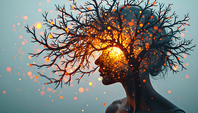 Abstract style tree fire inside the silhouette of a woman's head