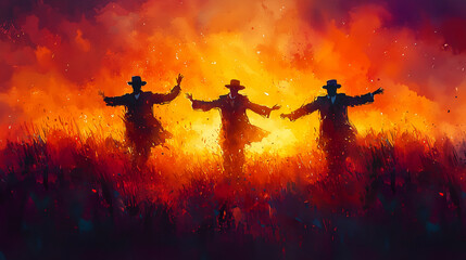 Colorful abstract watercolor illustration of Hassidic Jewish men celebrating against a vibrant background