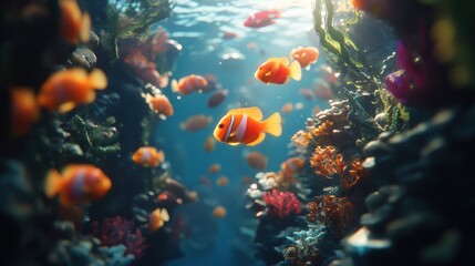 Fototapeta premium Vibrant coral reef teeming with orange clownfish and diverse marine life. 