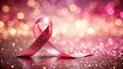 Fototapeta premium Stunning Pink Glitter Ribbon for Cancer Awareness in Elegant Product Photography Setting with Soft Lighting and Reflections for an Inspiring Campaign