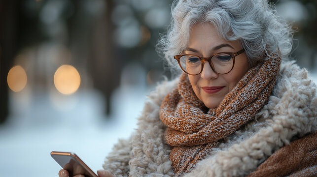 Older woman in a warm scarf enjoying a peaceful winter day on a park bench while checking her phone