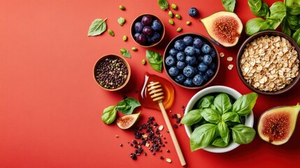 Naklejka premium Assorted fresh fruit and healthy breakfast ingredients arranged on a vibrant red surface. Variety of berries, figs, basil, oats, honey, and seeds. Healthy eating concept.