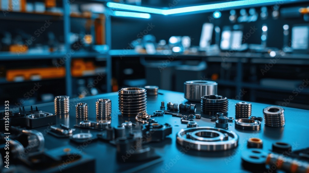 Poster engine parts arranged neatly on a workbench with blue neon light emphasis