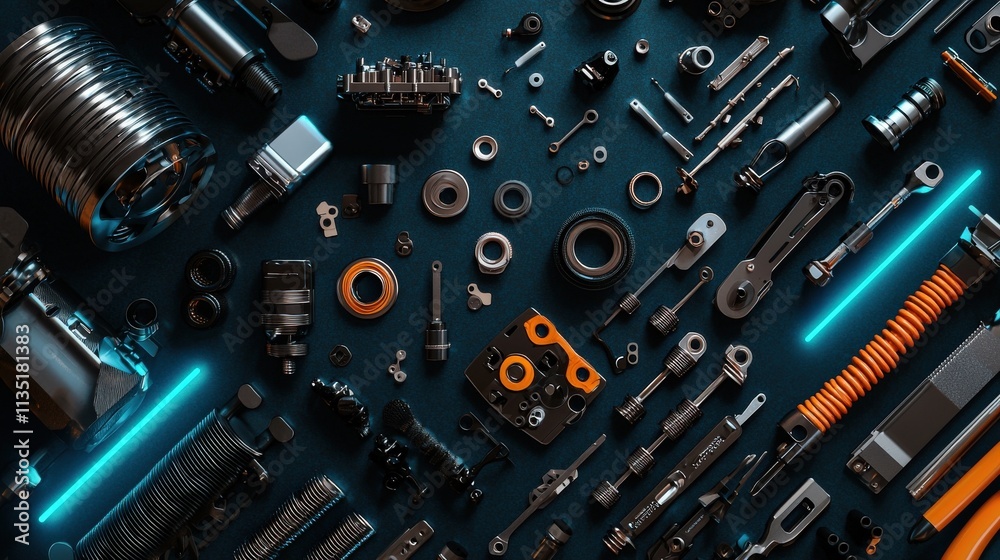 Poster engine parts arranged neatly on a workbench with blue neon light emphasis