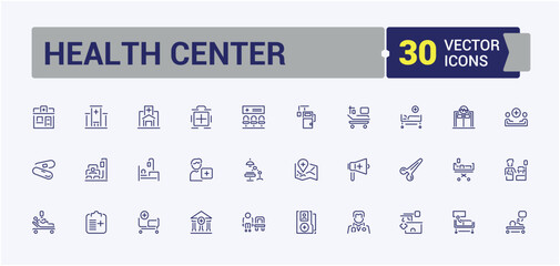 Naklejka premium Health Center icon set. Includes thin line cure, ui, emergency, hospitalization, health, contract, patient, support. Pixel perfect. Editable stroke.