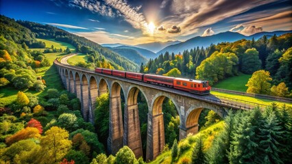 Fototapeta premium Stunning Product Photography of a Railroad Over a Railway Bridge, Capturing the Strength and Beauty of Engineering Against a Scenic Landscape with Clear Blue Skies
