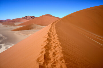 The ridge on the way up Dune 45, a popular sand dune in the Namib desert near Sesriem and Sossuvlei.