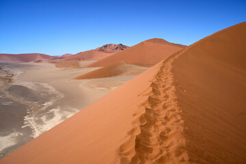The ridge on the way up Dune 45, a popular sand dune in the Namib desert near Sesriem and Sossuvlei.
