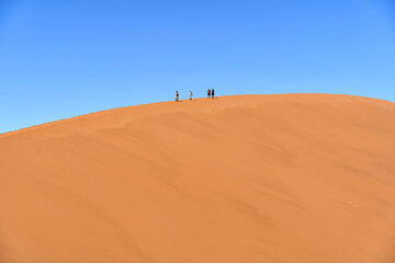 Tourists walking on the ridge of Dune 45, a popular sand dune in the Namib desert near Sesriem and Sossuvlei.