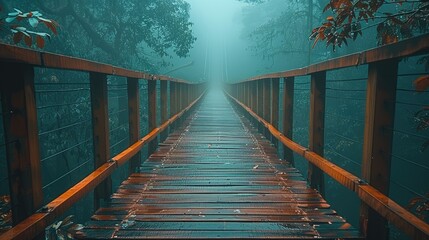 Fototapeta premium A serene wooden bridge leading into a foggy forest, creating a tranquil atmosphere.