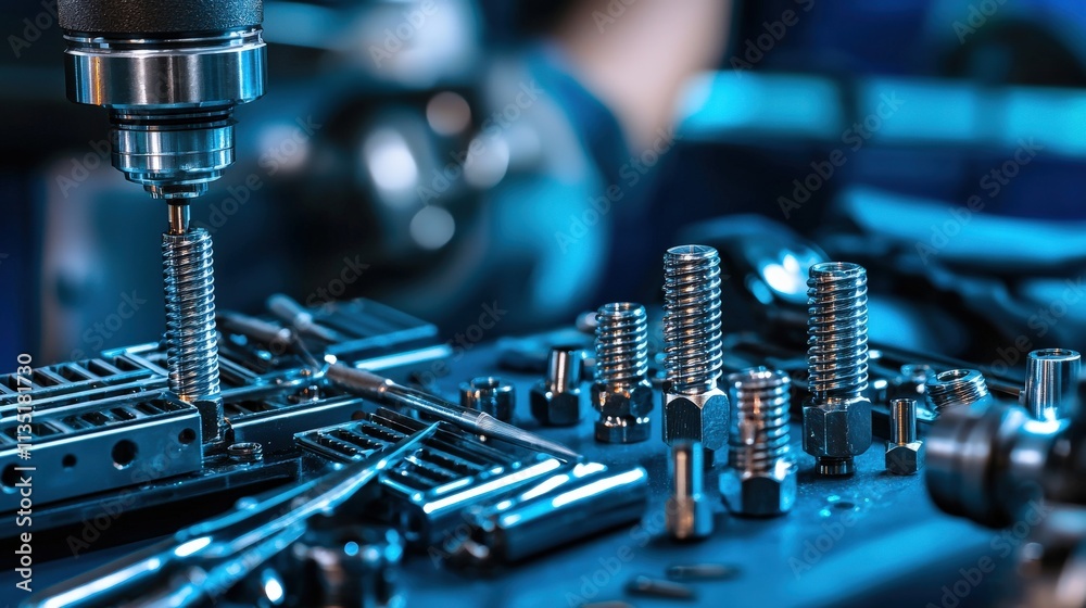 Poster close-up of precision tools on a mechanics table, sharp focus with vibrant blue hues
