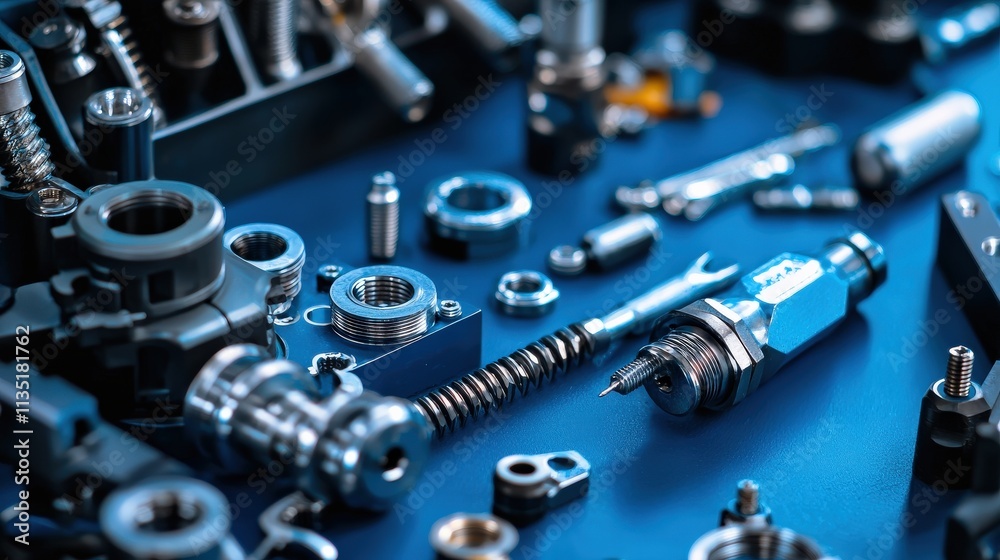 Poster close-up of precision tools on a mechanics table, sharp focus with vibrant blue hues