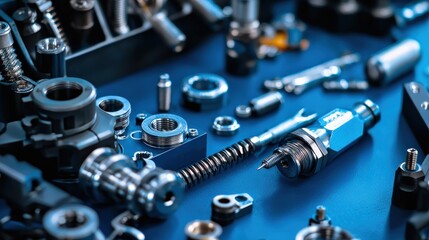 Naklejka premium Close-up of precision tools on a mechanics table, sharp focus with vibrant blue hues