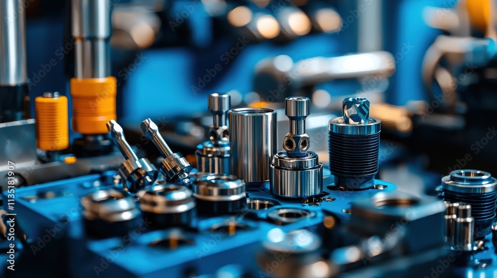 Poster close-up of precision tools on a mechanics table, sharp focus with vibrant blue hues